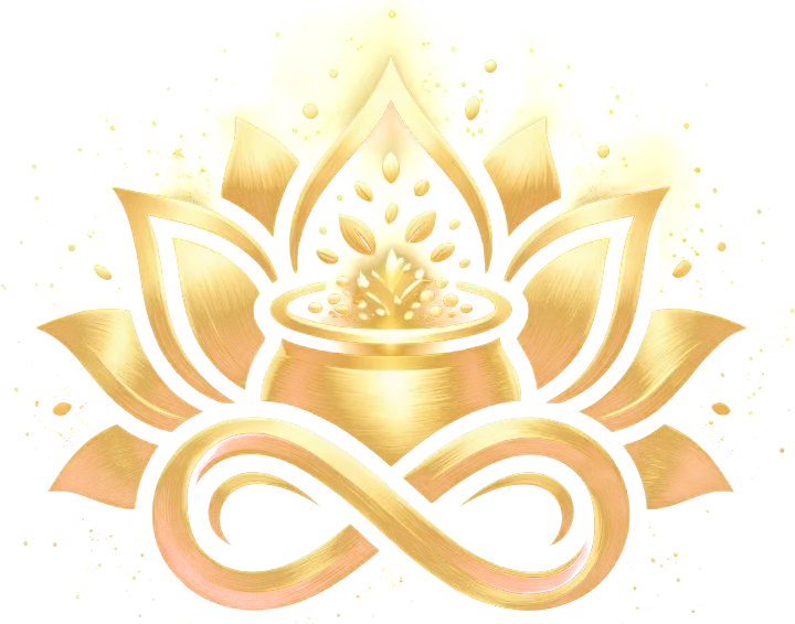The akṣayā emblem: a golden lotus around a pot overflowing with grain, above an infinity loop